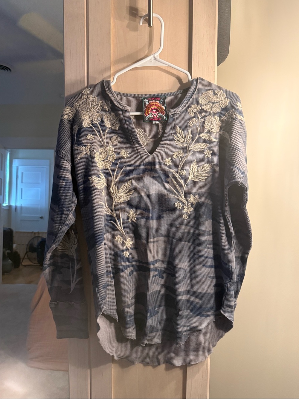Johnny Was Gray Thermal Top with Multicolor Floral Patch